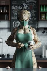 1boy angry apron apron_only coffee coffee_shop face_mask female female_yautja iced_latte_with_breast_milk mask masked masked_female predator predator_(franchise) sandreiio starbucks starbucks_barista yautja