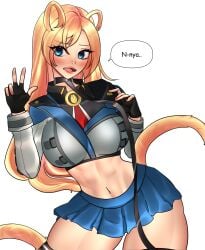 abs alternate_costume blush cat_ears cat_tail catgirl collar flustered guilty_gear guilty_gear_strive holding_own_leash kekkitoz large_ass leash medium_breasts millia_rage muscular muscular_female peace_sign skirt thick_thighs