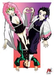 1boy 2girls arlioth barefoot demon_slayer denki_anma dominant_female double_footjob female femdom foot_domination foot_fetish foot_on_face foot_on_head foot_worship footjob footjob_over_clothes happy kamado_tanjirou kanroji_mitsuri kimetsu_no_yaiba kochou_shinobu male multiple_girls nail_polish nails_painted on_back standing standing_footjob stepped_on submissive_male teamwork trample trampling