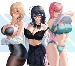 3girls absurd_res ahoge azur_lane bangs bare_shoulders black_bra black_hair black_legwear blonde_hair blue_bra blush bottomless bow bow_bra bra bremerton_(azur_lane) bremerton_(scorching-hot_training)_(azur_lane) calvin_klein choker cleavage clothes_lift eyebrows_visible_through_hair female_only fujioni glasses grin hair_between_eyes hair_ornament huge_breasts human implacable_(azur_lane) implacable_(shepherd_of_the_"lost")_(azur_lane) lace-trimmed_bra light-skinned_female light_skin lips long_hair looking_at_viewer navel official_alternate_costume open_clothes open_shirt orange_eyes panties pantyhose parted_lips pencil_skirt pink_eyes pink_hair pleated_skirt red_eyes school_uniform sidelocks simple_background skirt sleeveless smile sports_bra sportswear strapless streaked_hair taihou_(azur_lane) taihou_(sweet_time_after_school)_(azur_lane) tank_top teeth tennis_uniform topless very_long_hair white_background white_shirt