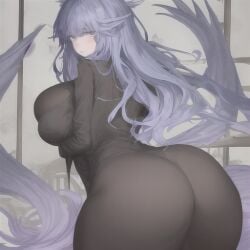 ai_generated big_ass big_breasts big_butt black_clothing clothed cossia elf female looking_at_viewer purple_hair