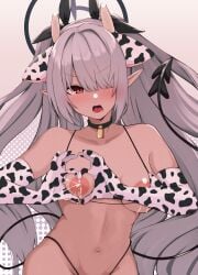 absurdres animal_ears animal_print bell bikini blue_archive blush breasts cow_ears cow_girl cow_horns cow_print dark-skinned_female dark_skin demon_tail fake_animal_ears fake_horns female gehenna_academy_student hair_over_one_eye halo heart-shaped_boob_challenge highres horns houmatu_awa iori_(blue_archive) lactation long_bangs looking_at_viewer medium_breasts micro_bikini navel neck_bell one_eye_covered open_mouth pointy_ears prefect_team_(blue_archive) solo standing swimsuit tail teeth thong_bikini tongue twintails upper_body