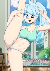 alien_girl aonoexorcist100 background big_breasts blue_eyes blue_hair leg_hold leg_up miya_roberson panties pussy_peek thighs yoga_pants