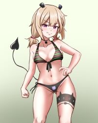 1girls belly_button bikini blonde_hair blush breasts confident eblis_choki female female_only hand_on_hip light-skinned_female light_skin looking_at_viewer medium_breasts necklace oerba_yun_fang purple_eyes silversteel042 solo swimsuit tail virtual_youtuber vrecord