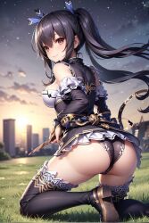 ai_generated ass big_breasts black_hair black_panties blue_ribbon city female female grass hi_res katakage kneeling neptunia_(series) night noire panties red_eyes stable_diffusion