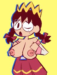 alternate_version_available anonymous_artist bare_shoulders big_breasts black_hair breasts breasts_out crown dress female female_focus freckles glasses hair_ribbon kirby_(series) kirby_64 large_breasts long_sleeves nintendo nipples one_eye_closed open_mouth queen_ripple twin_braids yellow_background