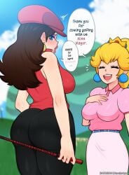 2022 2girls ass big_ass blush breasts brown_hair clothed clothing dialogue duo embarrassed english_text female female_only golf_outfit hand_on_chest looking_back mario_(series) mario_golf multiple_girls nintendo outdoors pauline princess_peach scocks4you smile speech_bubble standing text thick_thighs thighs tight_clothing yellow_hair