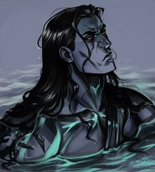 1boy bare_chest bare_shoulders bathing black_hair broad_shoulders collarbone darksiders darksiders_2 death_(darksiders) drenched dripping dripping_wet glowing_eyes grey_body grey_skin humanoid in_water long_hair looking_at_viewer male male_only markings muscles muscular muscular_male no_humans notesz_(artist) orange_eyes plain_background shiny_hair shiny_skin side_eye simple_background solo solo_focus solo_male stern_expression straight_hair tagme tagme_(artist) tattoo tattoos water wet wet_body wet_hair wet_skin