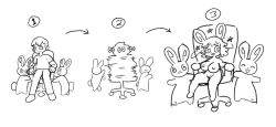 anthro arrow_sign big_breasts breasts chair dizzy furniture genitals group hi_res human lagomorph leporid line_art male mammal plushie popstick pussy rabbit sequence spinda spinning transformation trio