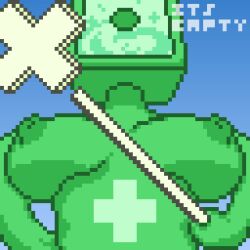 breasts dice green_body healing_dice itsempty looking_down pixel_art random_dice staff tagme viewed_from_below