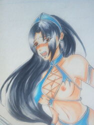 2d black_hair blush breasts brown_eyes earrings embarrassed embarrassed_female exposed_breasts female hair_ornament jewelry kitana kitana_(mk9) lh_aoi long_hair midriff mortal_kombat mortal_kombat_(2011) nipples open_mouth solo torn_clothes wardrobe_malfunction