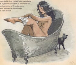 bath black_fur black_hair breasts casual_nudity cat dutch_text enrico_marini female feral gypsy human le_scorpion mejaï nonsexual_nudity nude sitting tan_skin washing washing_self