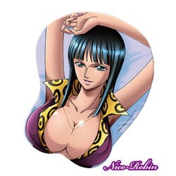 1girls artist_request blue_eyes blue_hair boob_mousepad breasts cleavage female female_only fully_clothed large_breasts long_hair lowres mousepad nico_robin one_piece oppai_mouse_pad pre-timeskip solo uncensored