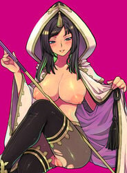 aya_gozen big_breasts black_eyes black_hair blush boots breasts censored eroe female hood large_breasts long_hair nipples open_clothes open_robe pantyhose polearm pussy robe see-through sengoku_musou sengoku_musou_3 solo staff thighhighs torn_clothes weapon