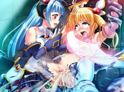 2girls blonde_hair blue_eyes blue_hair censored clothing cum drooling honjou_emiru honjou_erena long_hair mahou_shoujo_erena pussy red_eyes restrained rolling_eyes saliva slime spread_legs tentacles tied_hair twintails valkyria_(studio)