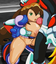 1boy 1girls android beret bottomless breasts brown_hair cap fellatio female gblastman green_eyes hair iris_(mega_man) kneeling male mega_man mega_man_x nipples oral paizuri penis puffy_nipples pussy reploid tied_hair tongue tongue_out very_long_hair