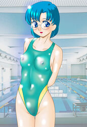 ami_mizuno arms_behind_back bishoujo_senshi_sailor_moon breasts clothing female female_only front_view glasses human indoors one-piece_swimsuit one_piece_swimsuit pale_skin red103 small_breasts solo standing swimsuit tagme