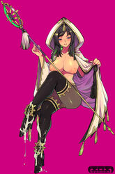 aya_gozen big_breasts black_eyes black_hair boots breasts cameltoe censored cum cum_on_body cum_on_clothes cum_on_feet cum_on_legs cum_on_lower_body eroe female high_heels hood large_breasts long_hair nipples open_clothes open_robe pantyhose polearm pussy robe see-through sengoku_musou sengoku_musou_3 shoes solo staff thighhighs weapon