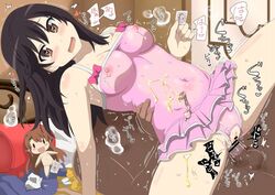 1boy 1girls bed black_hair blush breasts brown_eyes censored condom condom_wrapper cowgirl_position cum cum_in_pussy doll female heart ichijou_hotaru long_hair non_non_biyori nude open_mouth paper penetration penis pussy pussy_cutout ribbon school_bag see-through sex swimsuit tears text translation_request used_condom vaginal_penetration wet