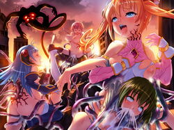 4girls blonde_hair blue_eyes blue_hair bondage breasts city closed_eyes clothing cum cum_from_ass cum_out_nose empty_eyes female femsub fucked_silly game_cg green_hair honjou_emiru honjou_erena honjou_karen long_hair mahou_shoujo_erena mind_control multiple_girls multiple_subs parasite pink_hair potekoro rolling_eyes slime tentacle tentacle_under_clothes tied_hair torn_clothes transformation twintails valkyria_(studio)