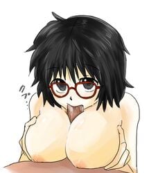 artist_request black_hair breasts fellatio female glasses human hunter_x_hunter large_breasts lowres male oral paizuri pale-skinned_female pale_skin penis phantom_troupe shizuku_murasaki short_hair shounen_jump straight villainess