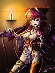 blood brown_eyes claws corruption dark_persona demon_girl dominatrix fangs futanari highres intersex nail_polish naughty_face purple_hair reimu_hakurei succubus touhou transformation vampire whip yuzu_momo