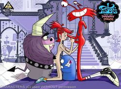 bloo blue_body cartoon_network cum eduardo_(fhfif) female foster's_home_for_imaginary_friends frankie_foster gangbang human killerx kneeling male purple_fur red_body red_hair red_penis straight wilt