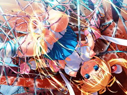 blonde_hair blue_eyes censored clothing female honjou_erena long_hair mahou_shoujo_erena peeing potekoro restrained skirt slime spread_legs tentacle tied_hair torn_clothes twintails urine valkyria_(studio) young