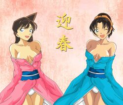 2girls blue_eyes breasts brown_hair detective_conan female green_eyes human japanese_clothes kazuha_toyama kimono large_breasts long_hair multiple_girls pale-skinned_female pale_skin panties ran_mouri sash tagme