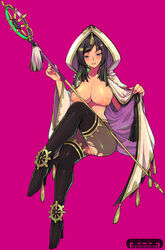 aya_gozen big_breasts black_eyes black_hair boots breasts censored eroe female high_heels hood large_breasts long_hair nipples open_clothes open_robe pantyhose polearm pussy robe see-through sengoku_musou sengoku_musou_3 shoes solo staff thighhighs torn_clothes weapon