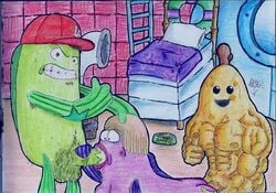 1girls 2boys b1 b2 bananas_in_pajamas baseball_cap bed dr.fisting female fish grimace incidental_14 incidental_41 male muscular_male nude oral pubic_hair sex smooth_skin spitroast spongebob_squarepants thumbs_up traditional_media_(artwork) what