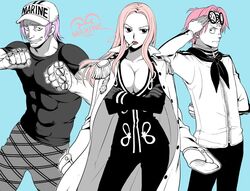 artist_request breasts cleavage coat female glasses hat hina_(one_piece) koby_(one_piece) male marine_(one_piece) one_piece pink_hair sailor sailor_uniform smoking