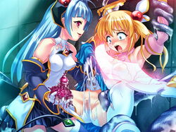 2girls blonde_hair blue_eyes blue_hair censored clothing honjou_emiru honjou_erena imminent_rape long_hair mahou_shoujo_erena potekoro pussy red_eyes restrained slime spread_legs tentacles tied_hair twintails valkyria_(studio)