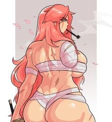 back back_view baiken face_paint guilty_gear guilty_gear_strive handicapped katana large_ass loggus_doggus muscular muscular_female pink_hair scar scars sideboob smoke smoking tattoo toned toned_body toned_female wrapped wrappings