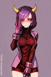 1girls ai_generated big_breasts breasts courtney_(pokemon) female female_only hoodie horns looking_at_viewer nintendo osyasenpai pokemon pokemon_oras pokemon_rse purple_eyes purple_hair ratatatat74_(ai_style) solo stable_diffusion team_magma thighs