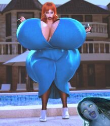 2girls blue_dress female female_only genie huge_breasts jackd22 mansion multiple_girls orange_hair pool_in_background shocked_expression