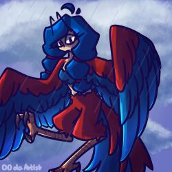 artist_signature bird_feet bird_legs bird_tail blue_feathers blue_hair blue_wings clouds dddartist_(artist) hair_tie harpy harpy_(terraria) humanoid long_eyelashes pale-skinned_female pale_skin rain raining red_eyes red_feathers sky_background solo solo_female solo_focus talons terraria wings