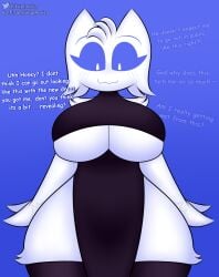 anthro big_breasts breast_squish breasts clothing clyde_(discord) dialogue discord discord_(app) embarrassed euphorica felid feline female fluffy hi_res legwear looking_down mammal secretly_loves_it slit_dress solo squish text thigh_highs under_boob wide_hips