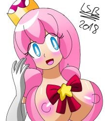 1girls 2018 big_breasts blue_eyes blush breasts breasts_out crossover crown dress female gloves kirbette_(lsr) kirby kirby_(series) lsr lsr_(artist) mario_(series) new_super_mario_bros._u_deluxe nintendo nipples pink_dress pink_hair ribbon rule_63 solo solo_female super_crown transparent_background