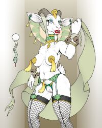 anthro bell_bracelet bovid breasts caprine clothing ecmajor female fishnet fishnet_legwear garter_belt garter_straps genitals goat hi_res horizontal_pupils legwear lipstick makeup mammal pasties pupils pussy solo stockings veil