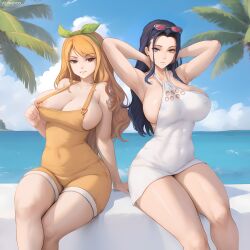 2girls armpits beach black_hair blue_eyes brown_eyes cleavage dress female female_only flowerxl huge_breasts long_hair looking_at_viewer nami nami_(one_piece) nico_robin one_piece one_piece_film_stampede orange_hair post-timeskip seaside tattoo voluptuous