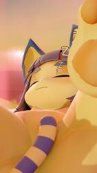 3d 3d_(artwork) 3d_model animal_crossing ankha ankha_(animal_crossing) ankha_(zy0n7) cat_ears cat_tail doubutsu_no_mori feline furry nairu_(doubutsu_no_mori) nintendo sleeping small_breasts yellow_skin zy0n7