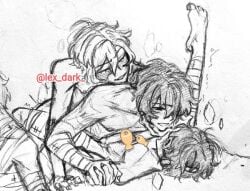 3boy 3boys 3some bottom_dazai bsd bungo_stray_dogs bungou_stray_dogs censored chuuya_nakahara dazai_osamu gay hand_holding heavily_censored holding_hand lex_dark male nakahara_chuuya osamu_dazai threesome traditional_media_(artwork)