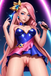 ai_generated blue_eyes cute dress dress_lift exhibitionism facial_mark facial_markings hips league_of_legends lips long_hair looking_at_viewer microphone mouth nose nude partially_clothed peace_sign performance pink_hair public_nudity pussy seraphine_(league_of_legends) stable_diffusion teenager tight_clothing unboundaimagination