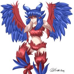 1girls artist_signature bangs blue_feathers blue_hair blue_wings female female_only franklindev harpy harpy_(terraria) humanoid pale-skinned_female pale_skin red_eyes red_feathers small_breasts solo solo_female solo_focus talons terraria thick_thighs twintails white_background winged_arms wings