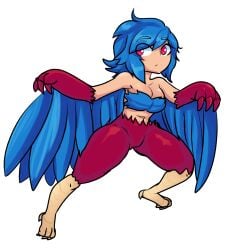 1girls bangs bangs_over_eyes bird_feet bird_legs blue_feathers blue_hair clawed_fingers claws defensive_stance eyebrows_visible_through_hair fair-skinned_female fair_skin feather_bra feathered_wings female female_only fighting_stance harpy harpy_(terraria) medium_breasts modoftea_(artist) red_eyes red_feathers short_hair solo solo_female talons terraria thick_thighs winged_arms wings