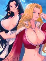 2girls black_hair bleach blonde_hair blue_eyes boa_hancock boa_hancock_(cosplay) breasts cleavage company_connection cosplay crossover female female_only hi_res huge_breasts light-skinned_female light_skin long_hair matsumoto_rangiku matsumoto_rangiku_(cosplay) one_piece opalisart outfit_swap shounen_jump shueisha smile thick_thighs weekly_shonen_jump