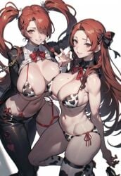 2023 2girls ai_generated ai_hands atlus breasts cleavage cow_bikini cow_print cowprint female female_only female_protagonist_(persona_3) kotone_shiomi large_breasts long_hair megane minako_arisato mitsuru_kirijo navel pantless pants persona persona_3 persona_3_portable pigtails red_eyes red_hair smiling stable_diffusion