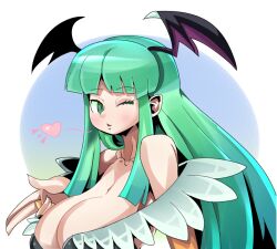 1girls 2022 big_breasts blowing_kiss blush breasts capcom cleavage clothing darkstalkers dorago_dorago female female_only green_eyes green_hair heart huge_breasts large_breasts long_green_hair long_hair looking_at_viewer morrigan_aensland succubus succubus_wings wink winking_at_viewer