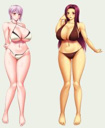 2girls alluring ameoto bare_legs big_breasts bikini cleavage female female_only magenta_eyes magenta_hair nakiri_alice sakaki_ryouko shokugeki_no_souma silver_hair